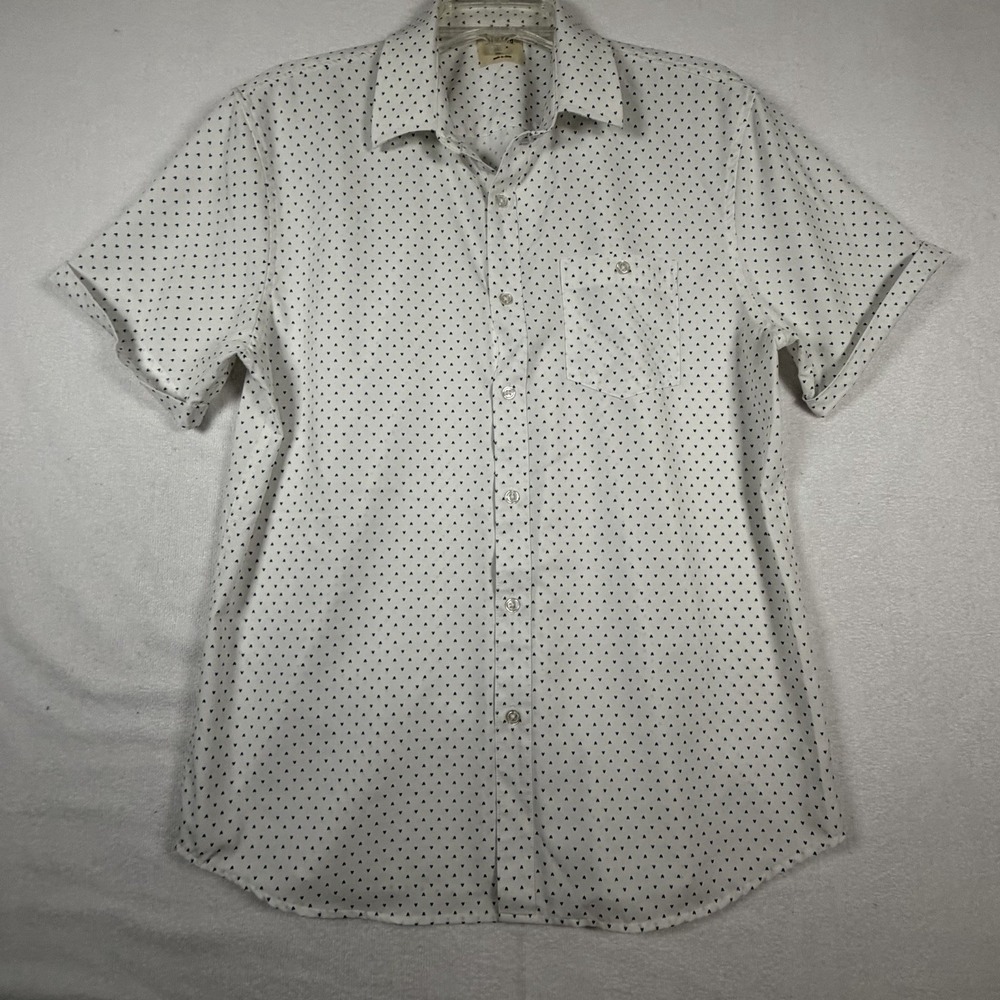 Method Men's Med White with‎ Blue Heart All Over Print Button Down Short Sleeve